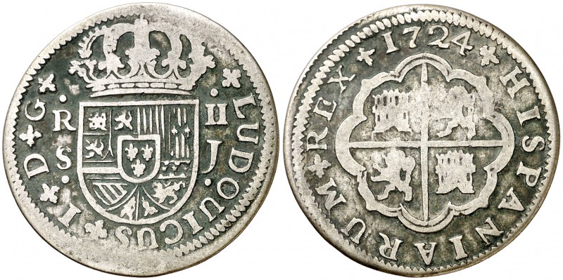 1724. Luis I. Sevilla. J. 2 reales. (Cal. 42). 4,45 g. Rara. MBC-/BC+.