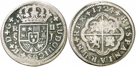 1724. Luis I. Sevilla. J. 2 reales. (Cal. 42). 4,45 g. Rara. MBC-/BC+.