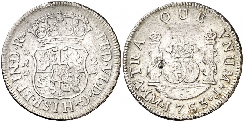 1753. Fernando VI. Lima. J. 2 reales. (Cal. 473). 6,43 g. Columnario. Punto sobr...