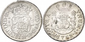 1753. Fernando VI. Lima. J. 2 reales. (Cal. 473). 6,43 g. Columnario. Punto sobre la marca de ceca. Rayitas y hojita. Escasa. (MBC).