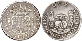 1755. Fernando VI. Lima. JM. 2 reales. (Cal. 476 var). 6,48 g. Columnario. Sin punto sobre la marca de ceca. El primer 5 rectificado sobre un 5 invert...
