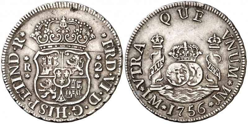 1756. Fernando VI. Lima. JM. 2 reales. (Cal. 477). 6,67 g. Columnario. Sin punto...