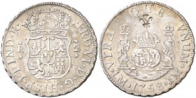1758. Fernando VI. Lima. JM. 2 reales. (Cal. 479 var). 6,68 g. Columnario. Punto sobre la marca de ceca. Contramarca flor de lis en reverso. Muy escas...
