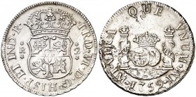 1759. Fernando VI. Lima. JM. 2 reales. (Cal. 480). 6,40 g. Columnario. Punto sobre la marca de ceca. Oxidaciones limpiadas. Escasa. (MBC-).