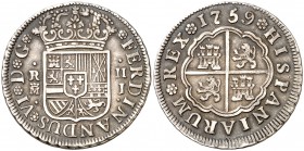 1759. Fernando VI. Madrid. J. 2 reales. (Cal. 486). 6,20 g. Buen ejemplar. Escasa así. MBC+.