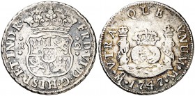 1747. Fernando VI. México. M. 2 reales. (Cal. 487). 6,31 g. Columnario. Oxidaciones limpiadas. Escasa. (MBC-).
