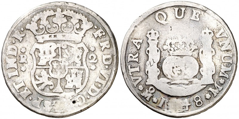 1748. Fernando VI. México. M. 2 reales. (Cal. 488). 6 g. Columnario. Perforación...