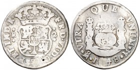 1748. Fernando VI. México. M. 2 reales. (Cal. 488). 6 g. Columnario. Perforación reparada. Escasa. (BC+/BC).