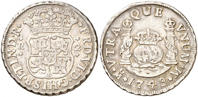 1749. Fernando VI. México. M. 2 reales. (Cal. 489). 6,60 g. Columnario. Bonita p...