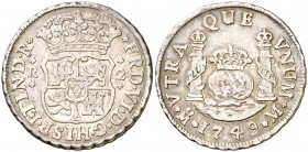 1749. Fernando VI. México. M. 2 reales. (Cal. 489). 6,60 g. Columnario. Bonita pátina. Escasa y más así. MBC+/MBC.