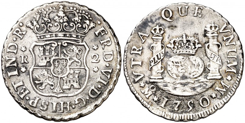 1750. Fernando VI. México. M. 2 reales. (Cal. 490). 6,29 g. Columnario. Oxidacio...