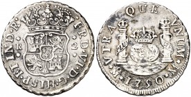 1750. Fernando VI. México. M. 2 reales. (Cal. 490). 6,29 g. Columnario. Oxidaciones limpiadas. Escasa. (MBC).