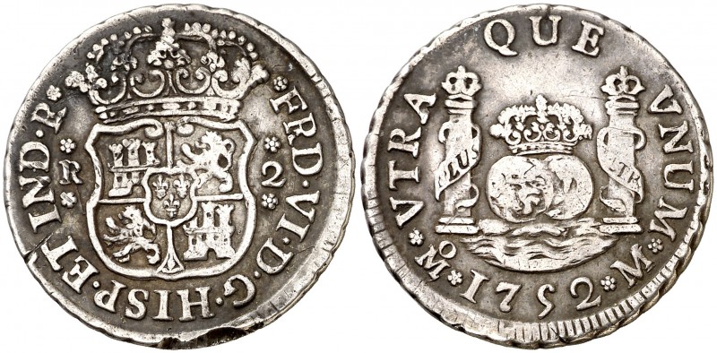 1752. Fernando VI. México. M. 2 reales. (Cal. 492). 6,63 g. Columnario. Golpe en...