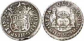 1752. Fernando VI. México. M. 2 reales. (Cal. 492). 6,63 g. Columnario. Golpe en canto. Escasa. MBC-.