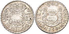 1754. Fernando VI. México. M. 2 reales. (Cal. 494). 6,73 g. Columnario. Bonita pátina. Escasa y más así. MBC+.
