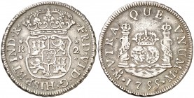 1755. Fernando VI. México. M. 2 reales. (Cal. 495). 6,70 g. Columnario. Golpecito. Escasa. MBC+/MBC.