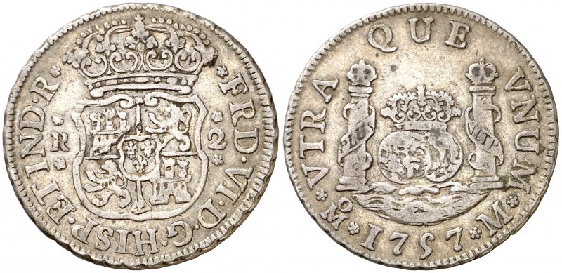 1757. Fernando VI. México. M. 2 reales. (Cal. 497). 6,75 g. Columnario. Escasa. ...