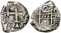 1748. Fernando VI. Potosí. q. 2 reales. (Cal. 505). 5,66 g. Doble fecha. Buen ejemplar. Escasa así. MBC+.