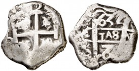 1759. Fernando VI. Potosí. (q). 2 reales. (Cal. 520). 6,35 g. Doble fecha, una parcial. MBC-.