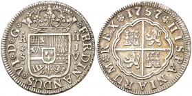 1757. Fernando VI. Sevilla. JV. 2 reales. (Cal. 523). 5,82 g. Preciosa pátina. Escasa así. EBC-.