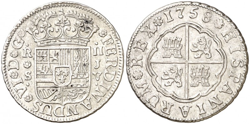 1758. Fernando VI. Sevilla. JV. 2 reales. (Cal. 524). 5,86 g. Buen ejemplar. MBC...