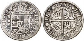 1759. Fernando VI. Sevilla. JV. 2 reales. (Cal. 525). 5,42 g. MBC-.