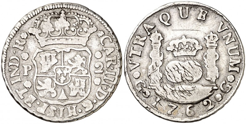 1762. Carlos III. Guatemala. P. 2 reales. (Cal. 1233). 6,32 g. Columnario. Rayit...
