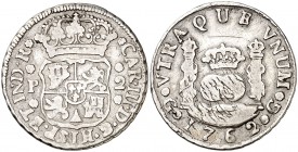 1762. Carlos III. Guatemala. P. 2 reales. (Cal. 1233). 6,32 g. Columnario. Rayitas. Muy rara sin perforación. MBC-.