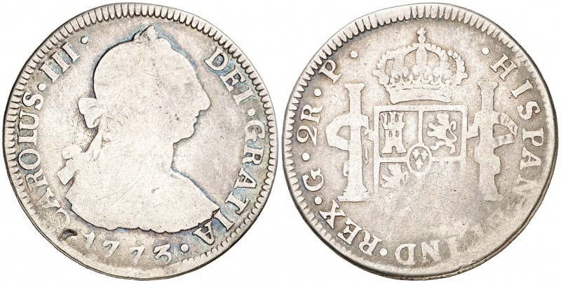 1773. Carlos III. Guatemala. P. 2 reales. (Cal. 1244). 6,45 g. Hojita. Muy rara....