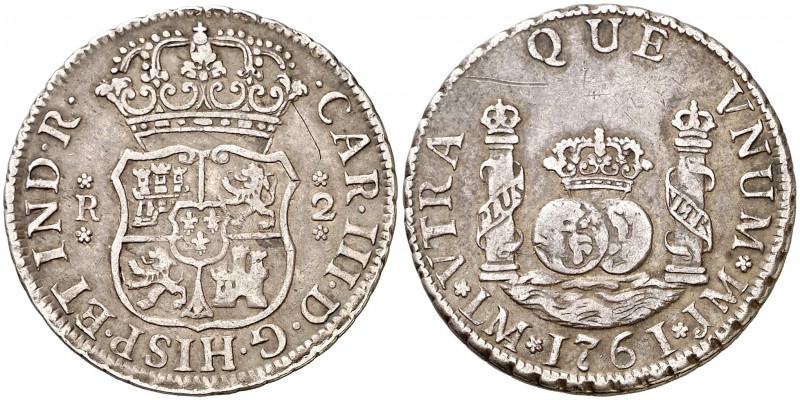 1761. Carlos III. Lima. JM. 2 reales. (Cal. 1255). 6,51 g. Columnario. Sin punto...