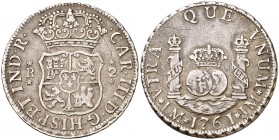 1761. Carlos III. Lima. JM. 2 reales. (Cal. 1255). 6,51 g. Columnario. Sin punto sobre la marca de ceca. Rayitas. Bonita pátina. Rara y más así. MBC+....