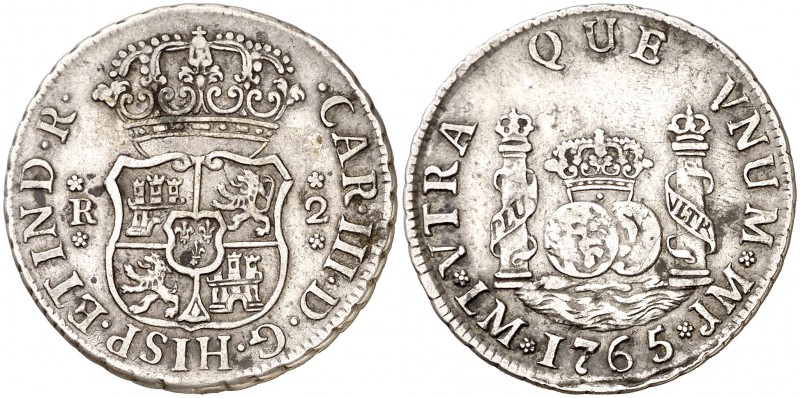 1765. Carlos III. Lima. JM. 2 reales. (Cal. 1259). 6,41 g. Columnario. Sin punto...