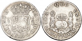 1770. Carlos III. Lima. JM. 2 reales. (Cal. 1261). 6,51 g. Columnario. Sin punto sobre la marca de ceca. Escasa. BC+.