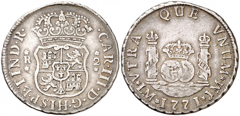 1771. Carlos III. Lima. JM. 2 reales. (Cal. 1263). 6,58 g. Columnario. Sin punto...