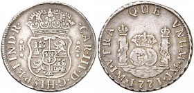 1771. Carlos III. Lima. JM. 2 reales. (Cal. 1263). 6,58 g. Columnario. Sin punto sobre la marca de ceca. Bonita pátina. Escasa. MBC.