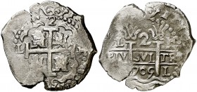 1705. Felipe V. Lima. H. 2 reales. (Cal. 1194). 6,52 g. Doble fecha, una parcial. Doble ensayador. Ex Áureo 20/04/2005, nº 406. MBC-.