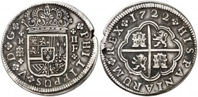 1722. Felipe V. Segovia. F. 2 reales. (Cal. 1402). 5,64 g. Defecto en borde. MBC-.