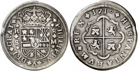 1718. Felipe V. Sevilla. M. 8 reales. (Cal. 936). 24,60 g. Tres flores de lis en las armas de Borgoña. Fecha manipulada. (MBC-).