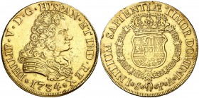 1734/3. Felipe V. Sevilla. PA. 8 escudos. (Cal. 200) (Cal.Onza 532). 26,95 g. Sirvio como joya. Rara. (MBC+).