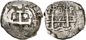 1751. Fernando VI. Potosí. q. 8 reales. (Cal. falta). 27,11 g. Marca de ceca y ensayador intercambiados en reverso. Limpiada. Rara. MBC-/MBC.
