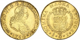 1760/59. Fernando VI. Santiago. J. 8 escudos. (Cal. 86) (Cal.Onza 660). 26,92 g. Leves rayitas y golpecitos. Rara. (MBC+).