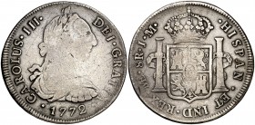 1772. Carlos III. Lima. JM. 8 reales. (Cal. 851). 26,28 g. Primer año de busto. Acuñación floja. Escasa. BC+.