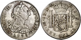 1777. Carlos III. Lima. MJ. 8 reales. (Cal. 858). 26,80 g. Leves sombras. Buen ejemplar. Ex Áureo & Calicó 21/09/2017, nº 1311. MBC+.