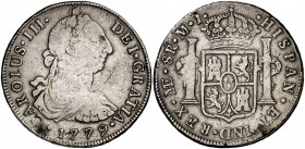 1779. Carlos III. Lima. MJ. 8 reales. (Cal. 860). 26,54 g. BC/BC+.