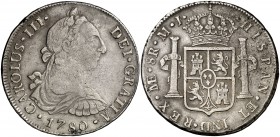 1780. Carlos III. Lima. MJ. 8 reales. (Cal. 860a). 26,79 g. Ex Áureo & Calicó 20/03/2014, nº 3705. MBC-/MBC.