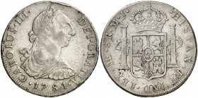 1781. Carlos III. Lima. MI. 8 reales. (Cal. 862). 26,99 g. Golpecitos. Ex Áureo & Calicó 24/10/2013, nº 2318. Escasa. MBC-/MBC.