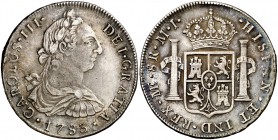 1783. Carlos III. Lima. MI. 8 reales. (Cal. 865). 26,93 g. Leves rayitas. Buen ejemplar. Ex Áureo & Calicó 05/07/2017, nº 335. MBC+.