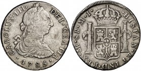 1785. Carlos III. Lima. MI. 8 reales. (Cal. 868). 26,78 g. Rayitas. Ex Áureo & Calicó 25/04/2013, nº 2612. MBC-.