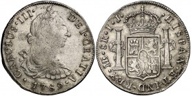 1789. Carlos III. Lima. IJ. 8 reales. (Cal. 874). 26,81 g. Oxidaciones limpiadas. Escasa. (MBC-/MBC).