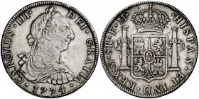 1774. Carlos III. México. FM. 8 reales. (Cal. 919). 26,91 g. Golpecito. Ex Áureo & Calicó 12/03/2009, nº 2093. MBC/MBC+.